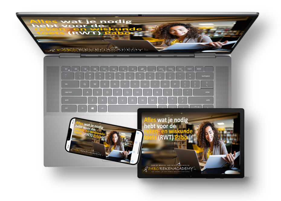 Online e-learning platform voor de RWT pabo rekentoets op laptop tablet en smartphone van Paborekenacademy.